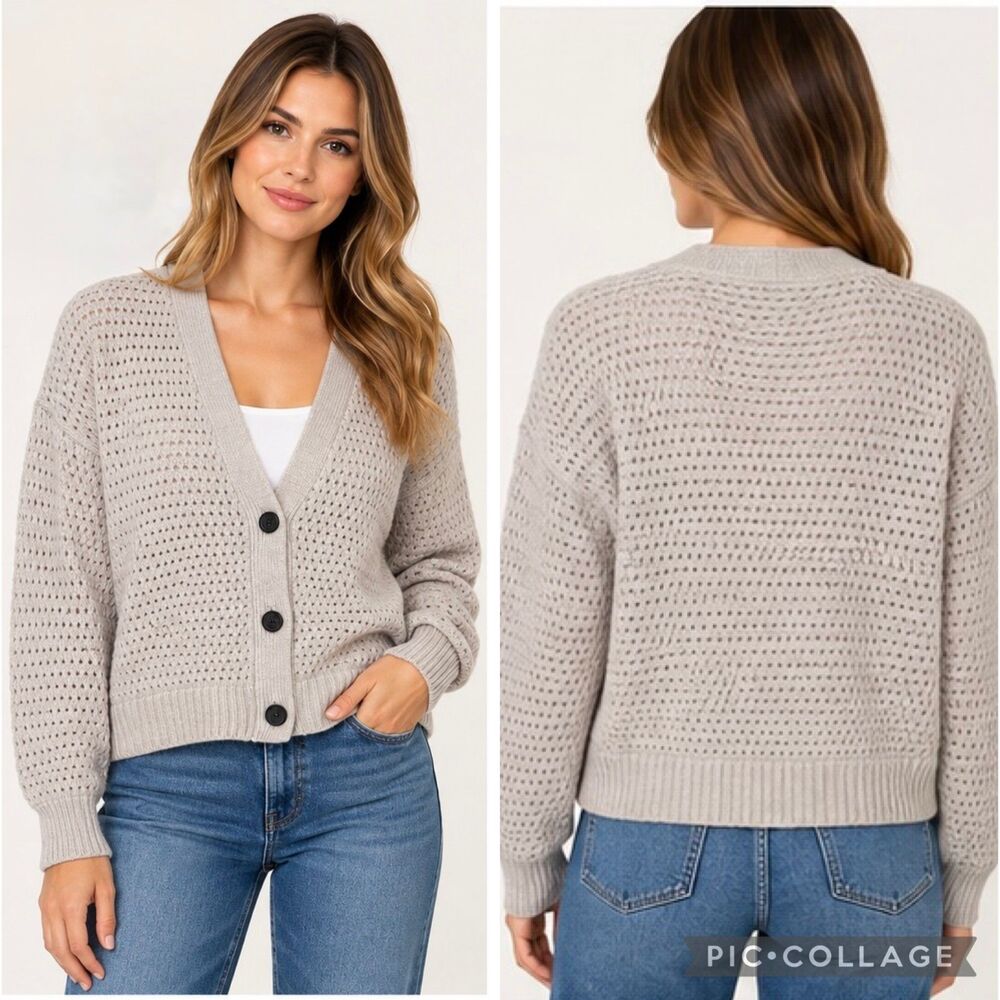 ATM Anthony Thomas Melillo Cardigan Women XS Gray 100% Merino Wool Open Knit